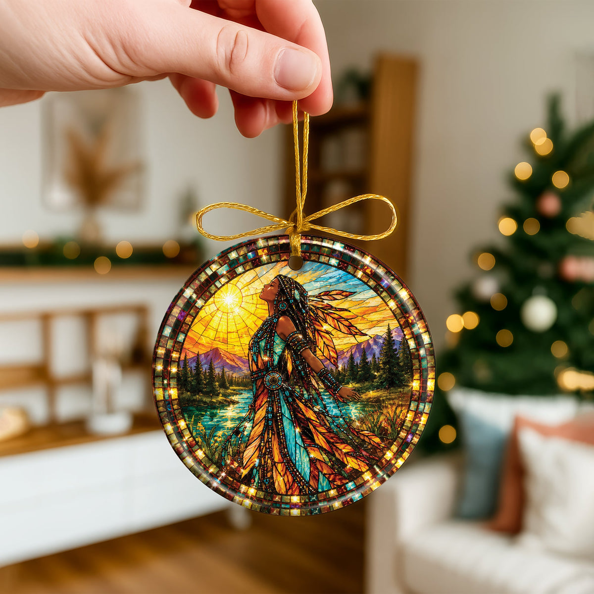 Native American Woman Ceramic Ornament - Feather Stained Glass Design