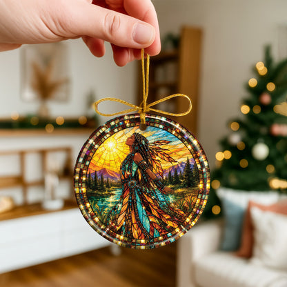 Native American Woman Ceramic Ornament - Feather Stained Glass Design