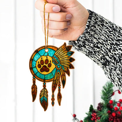 Turquoise Paw Print Dreamcatcher – Boho Stained Glass Christmas Ornament Acrylic