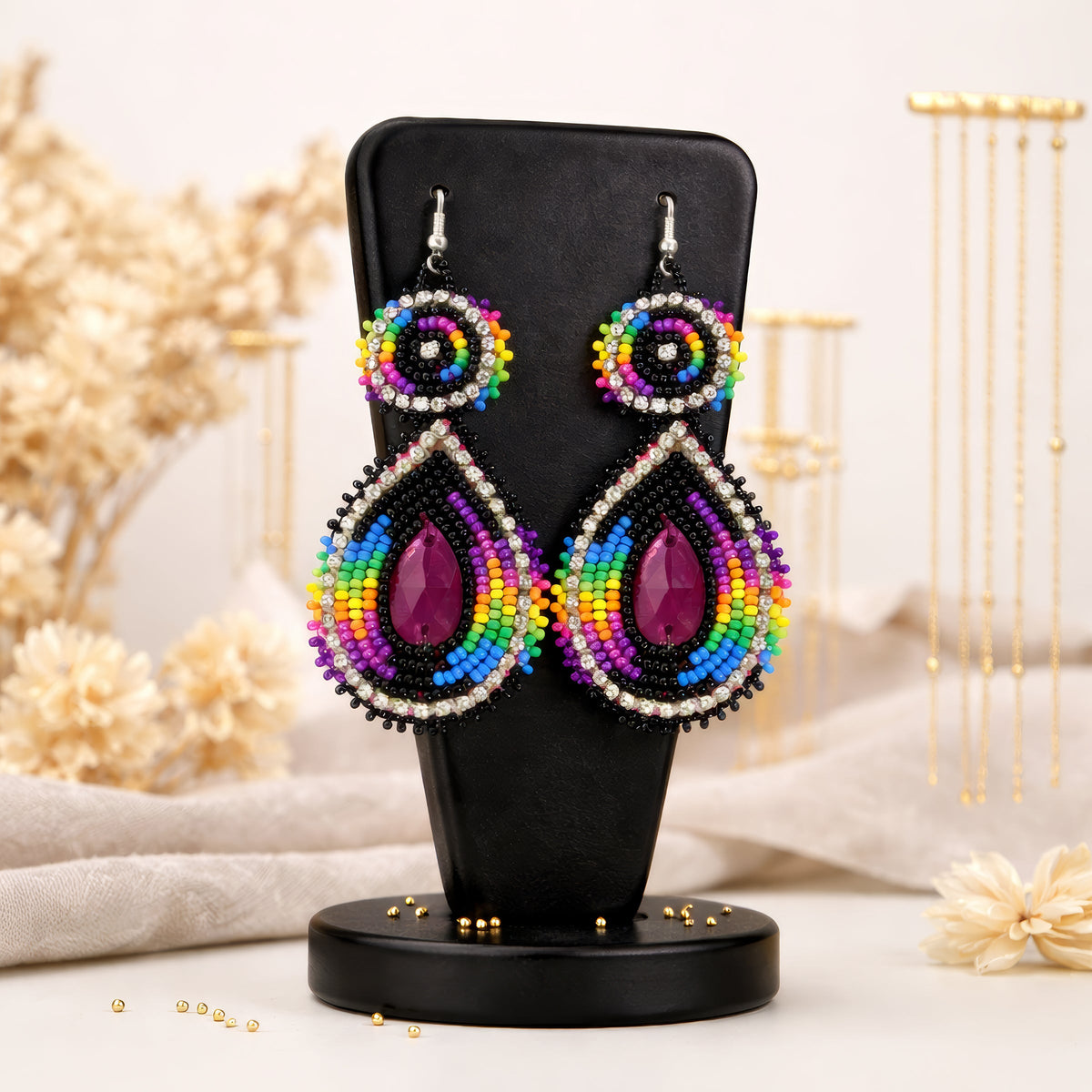 Handmade Beaded Teardrop Czech Purple Black Earrings