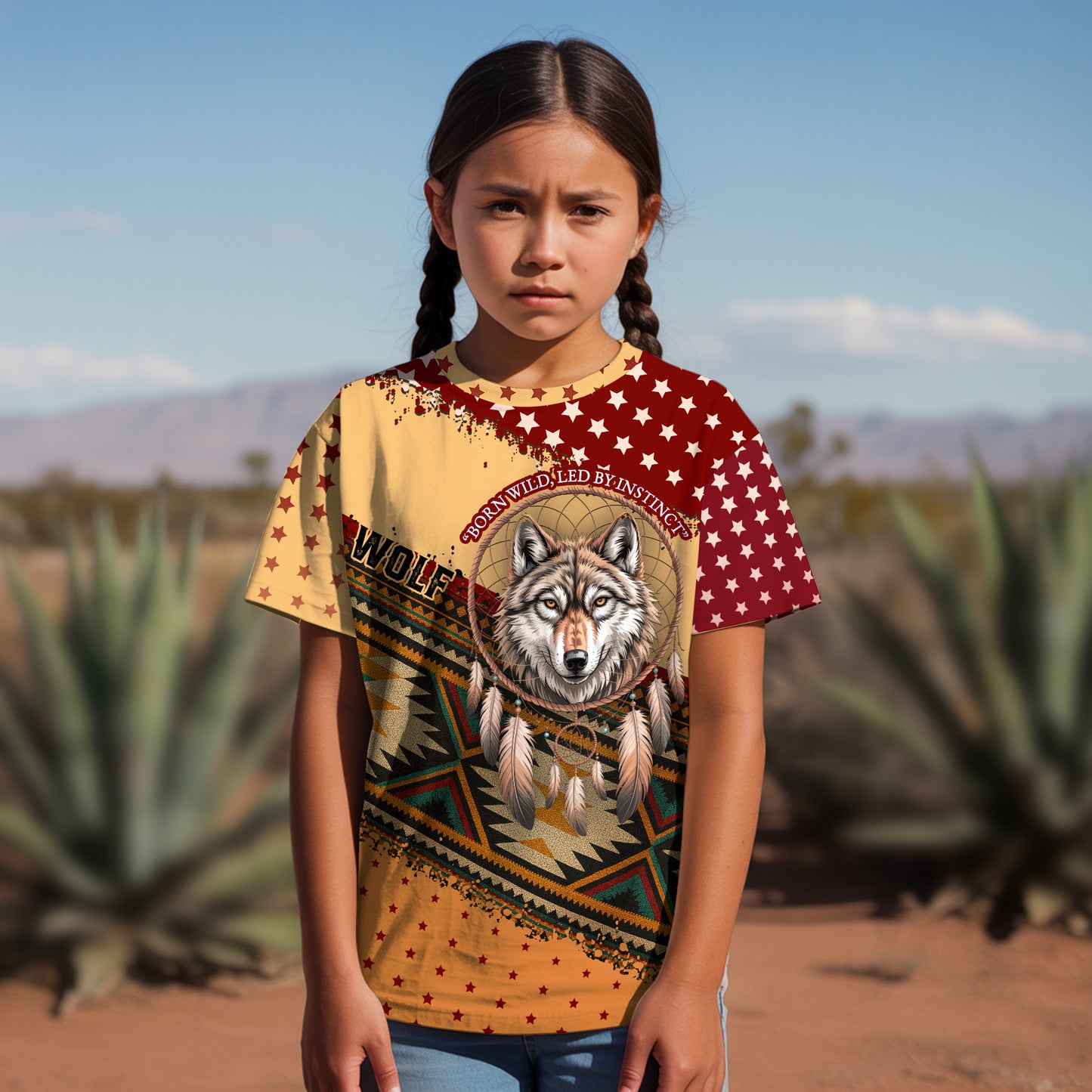 3D T-Shirt " Wild Spirit – Wolf and Dreamcatcher Design in Beige and Deep Red Tribal Pattern"