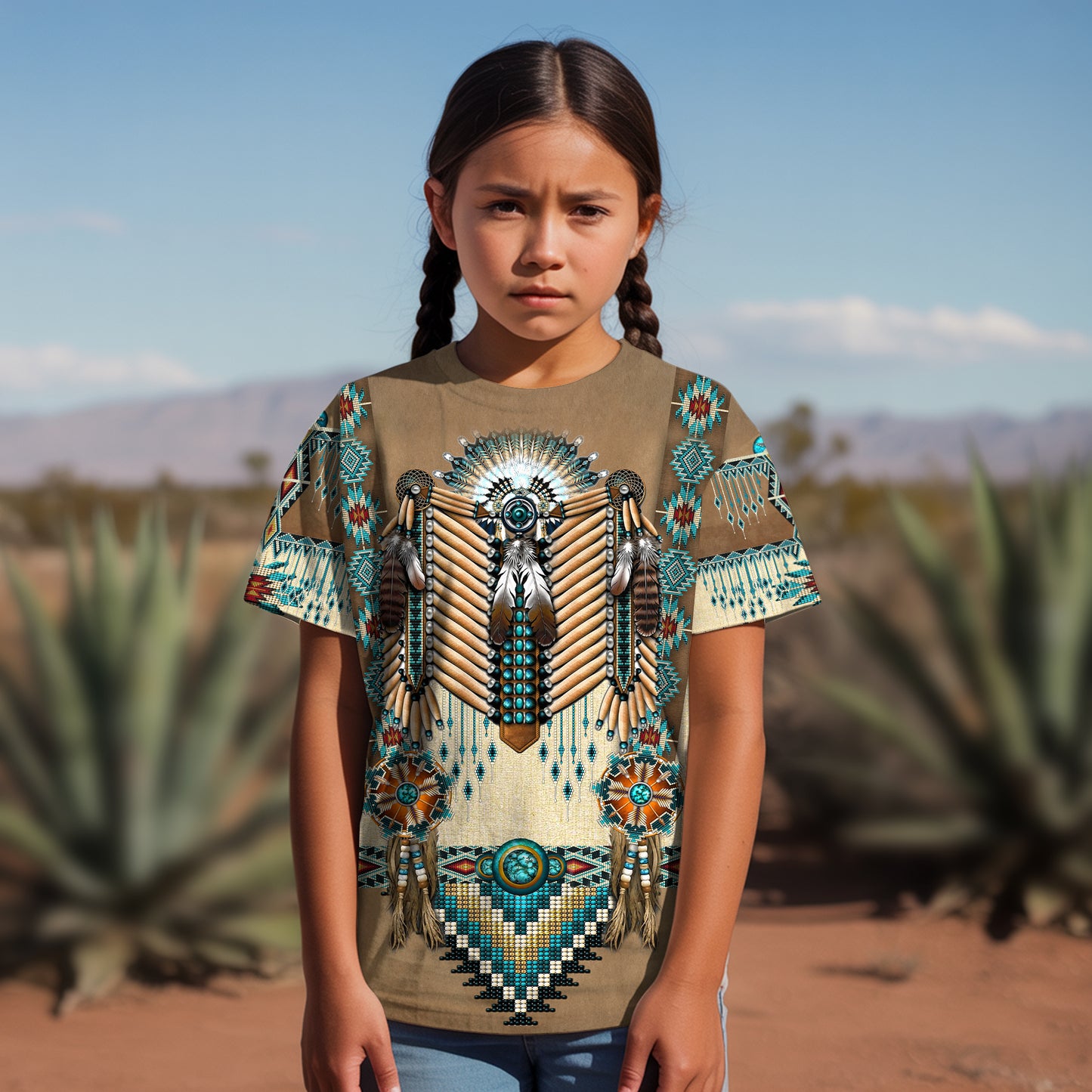 3D T-Shirt " Tribal Beaded Headdress – Turquoise & Feather Pattern"