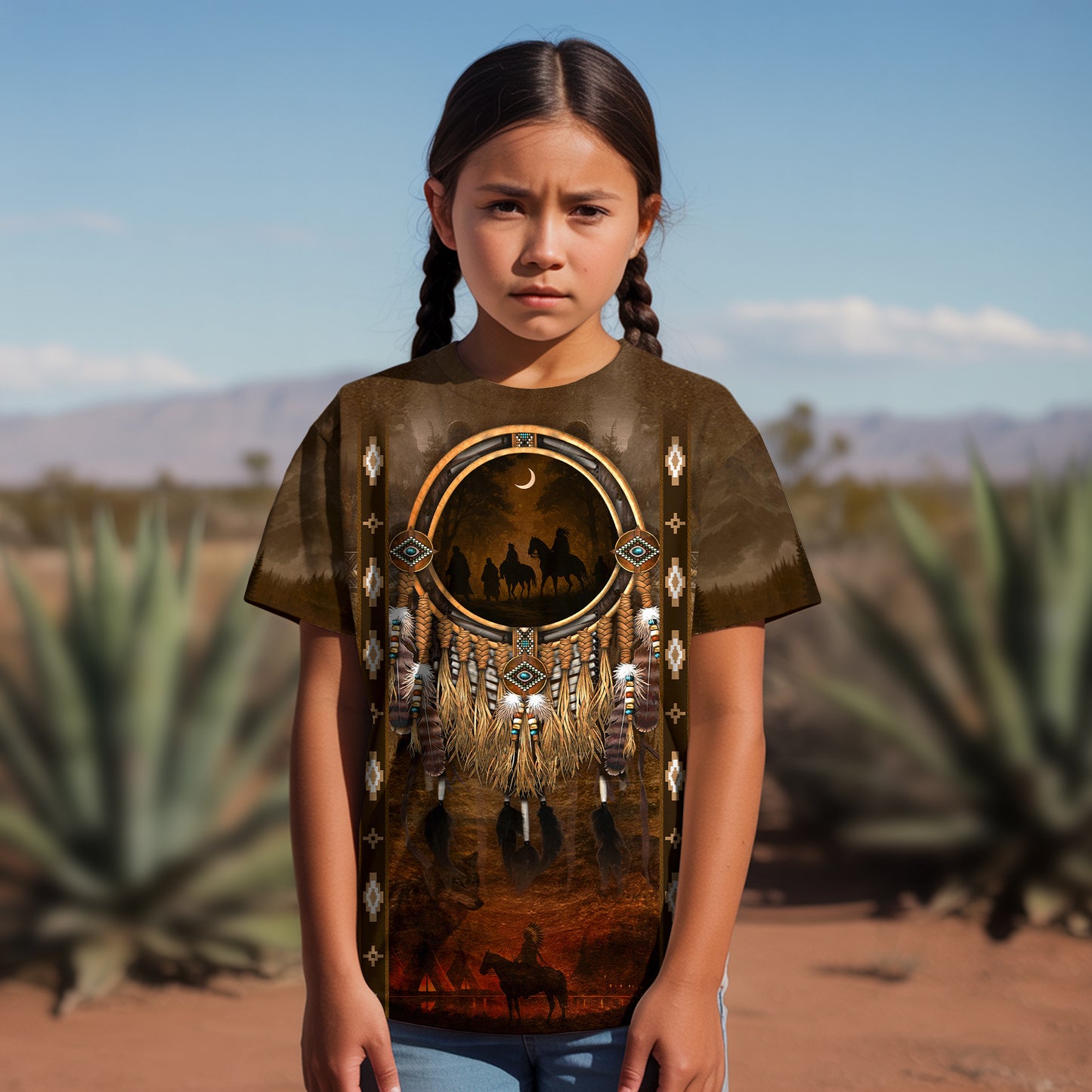 3D T-Shirt " Native Pattern 3D TribaL – Feather & Beaded Design with Moonlit Horse"