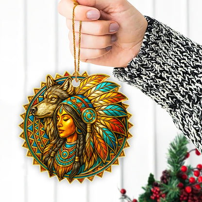 Spirit of the Wolf – Native Woman Ornament  Acrylic  Symbolizing Strength, Wisdom, and the Power of Connection