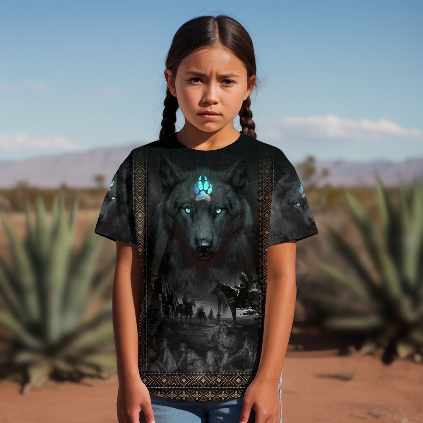 3D T-Shirt - "Tribal Wolf Guardian  – 3D Native Spirit Artwork, Blue Eyes Wolf Totem"