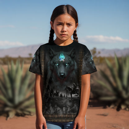 3D T-Shirt - "Tribal Wolf Guardian  – 3D Native Spirit Artwork, Blue Eyes Wolf Totem"