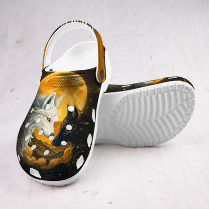 Custom Name Wolf Spirit Clogs – Fire & Ice Duality | Meaningful Gift for Family
