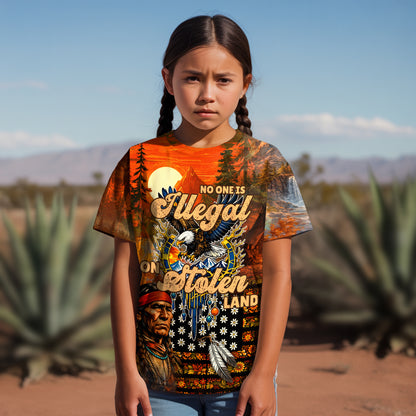 3D T-Shirt  "NO ONE IS ILLEGAL ON STOLEN LAND. WE WALK ON NATIVE LAND
