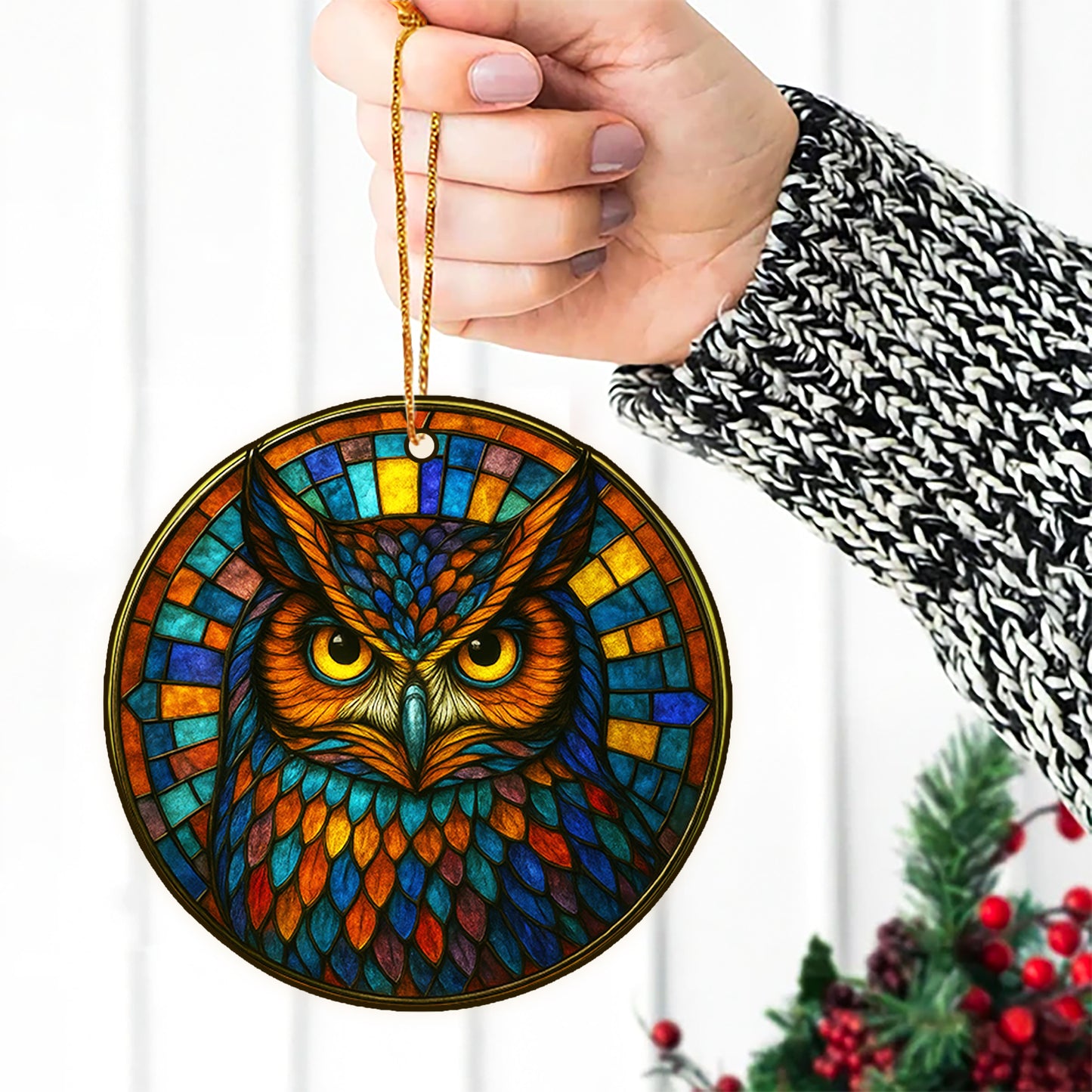 Sacred Owl Ornament Acrylic– Vibrant Stained Glass Boho Christmas Gift