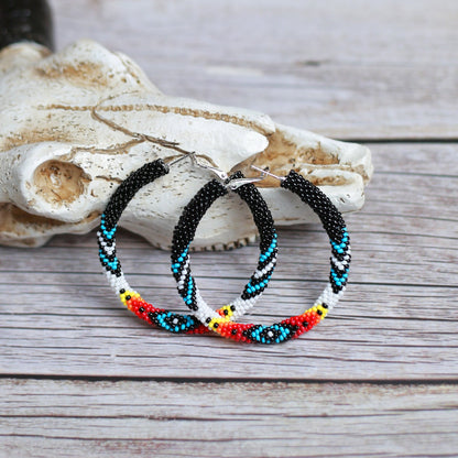 Handmade Dark Blue Pattern Beaded Earrings for Women