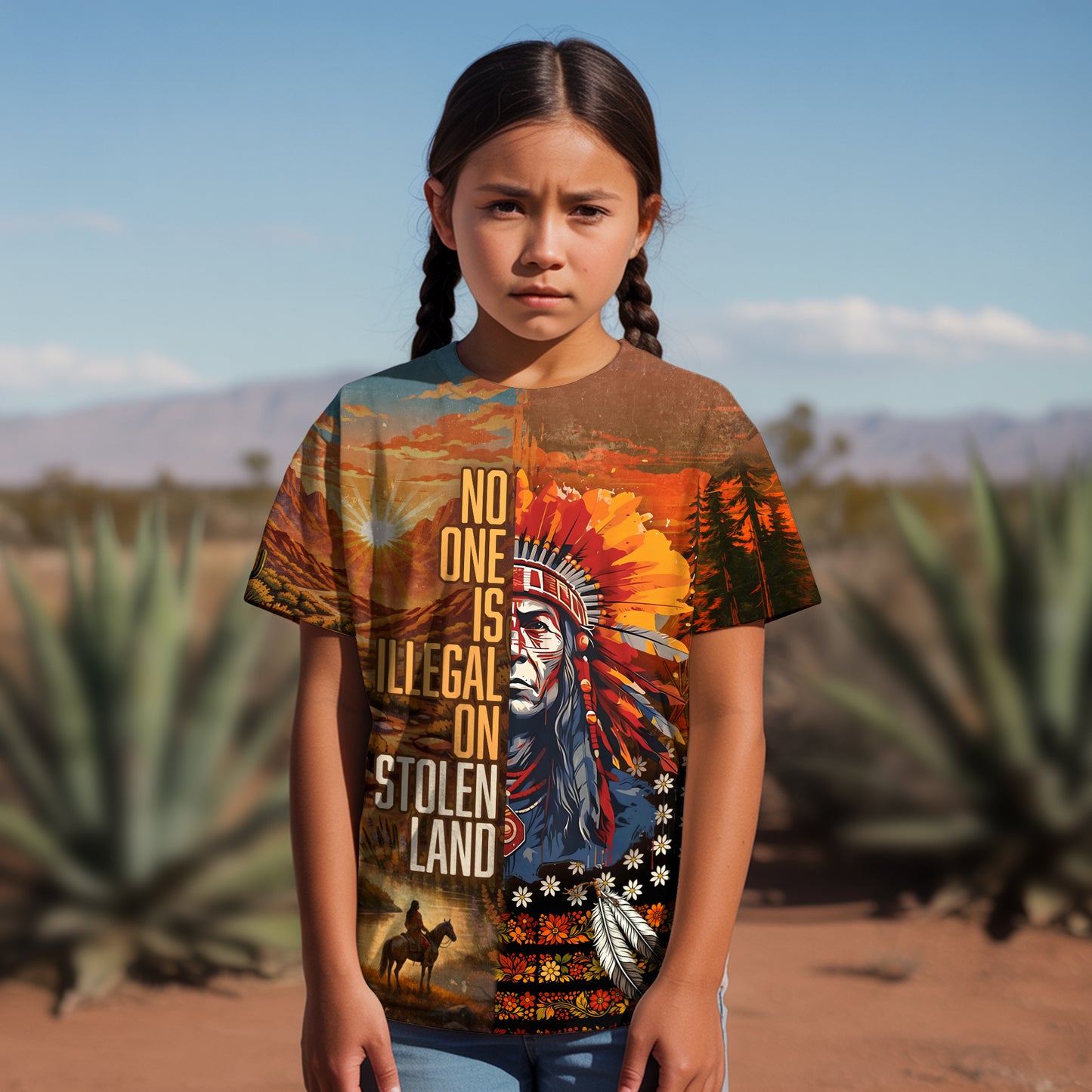 3D T-Shirt  "NO ONE IS ILLEGAL ON STOLEN LAND. WE WALK ON NATIVE LAND