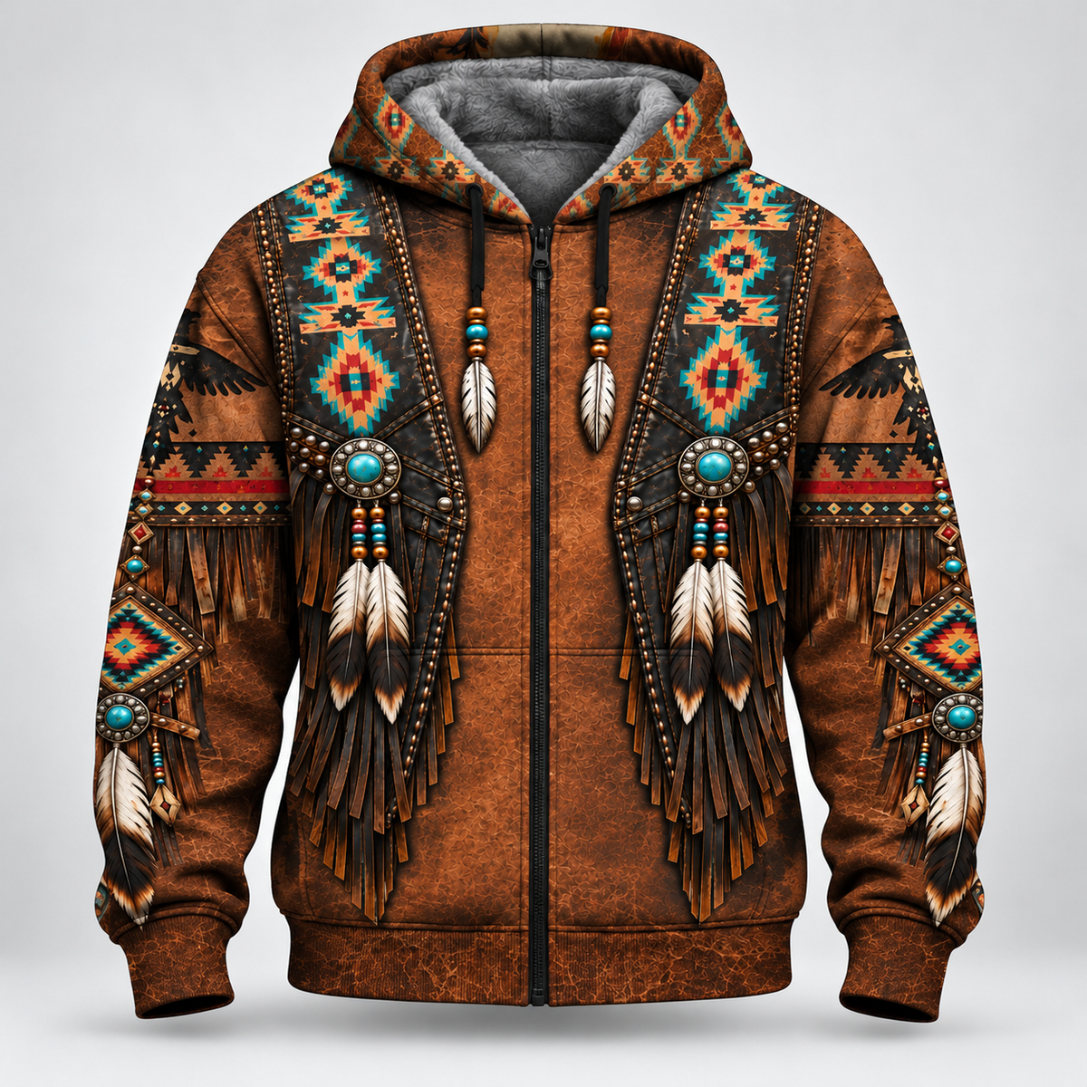 3D Fleece Jacket Faux Leather Vest Hoodie, Southwestern Tribal Eagle Feather Graphic0
