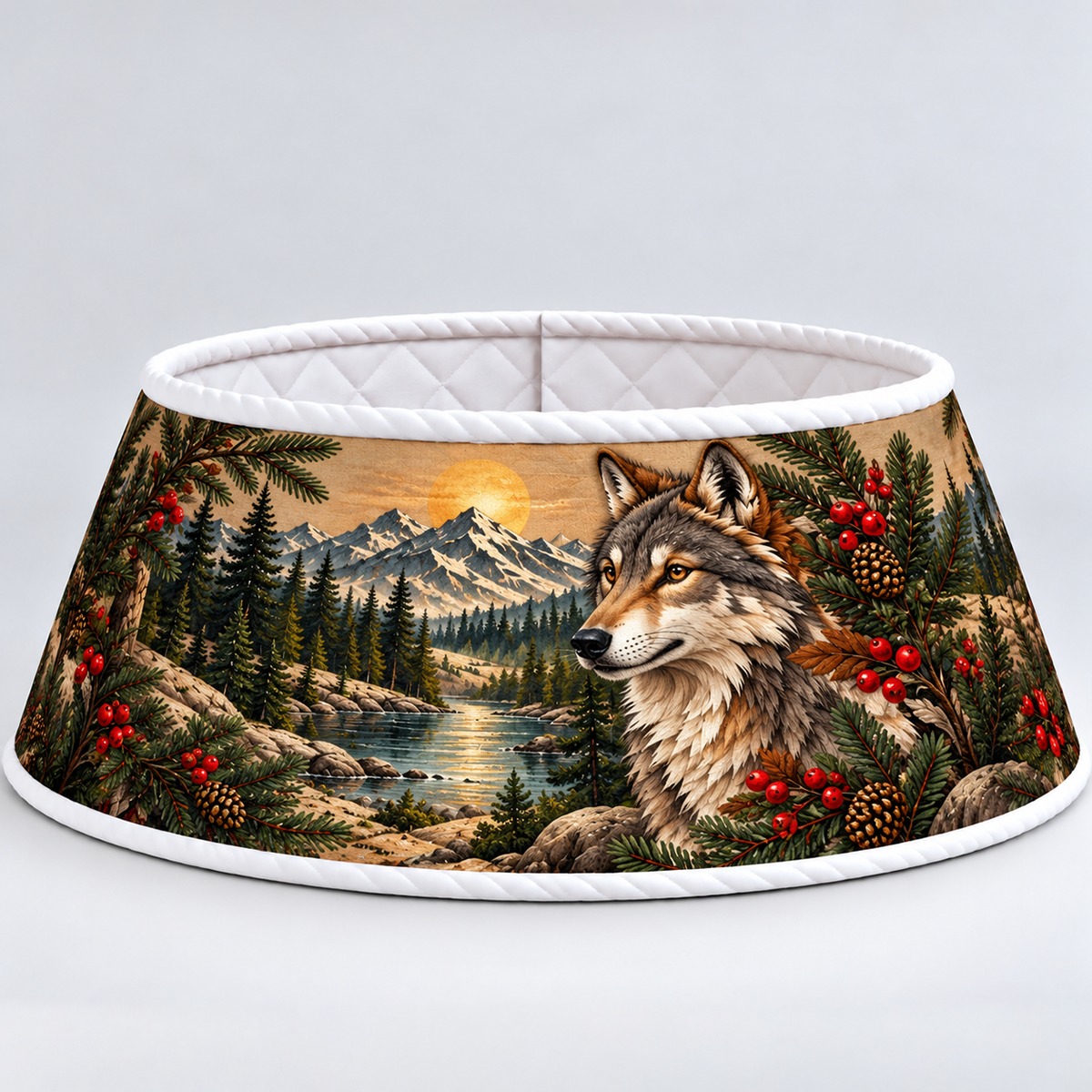 Quilted Christmas Tree Collar - Native American Wolf Spirit Moonlit Winter Forest Snowy Mountain Tribal Wildlife Southwestern Christmas Decor