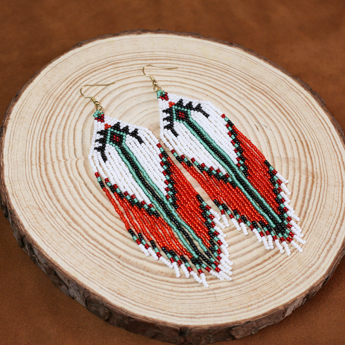 Handmade Native Beaded Tassel Earrings – Red, White, and Green