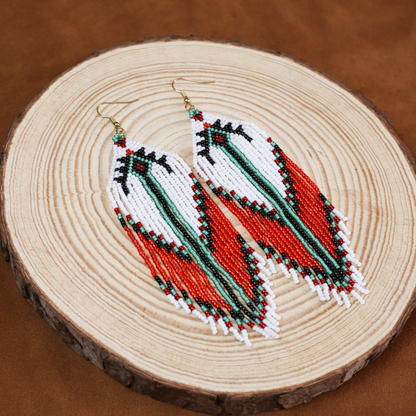 Handmade Native Beaded Tassel Earrings – Red, White, and Green