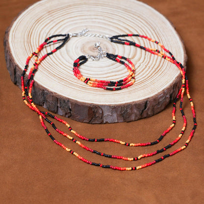 Sunset Harmony Beaded Bracelet – Bold Red, Orange, Yellow, and Black Strands