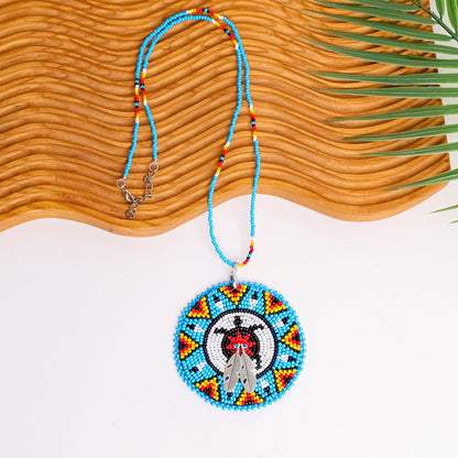 Blue Turtle Feather Handmade Beaded Wire Necklace Pendant Unisex With Native American Style