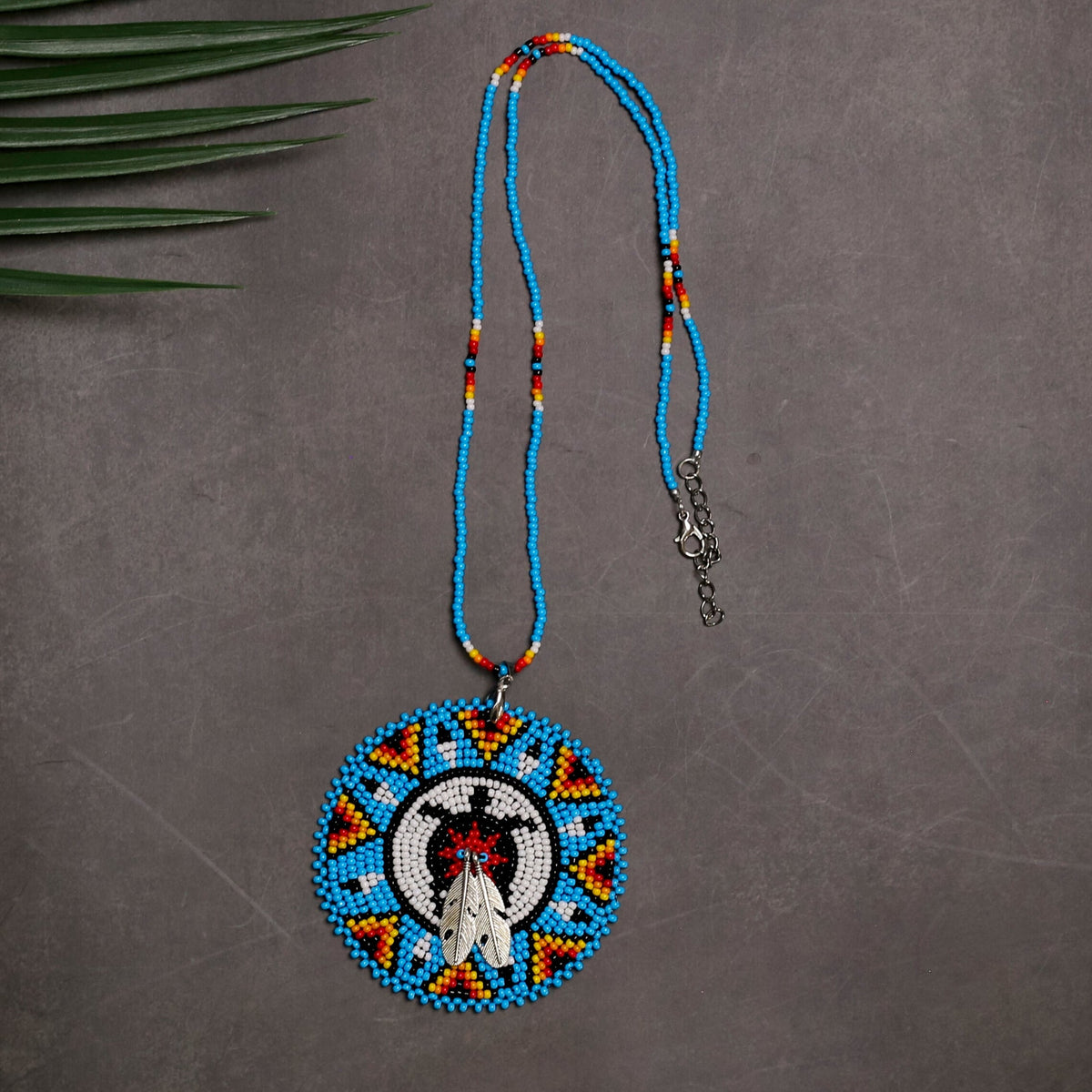 Blue Turtle Feather Handmade Beaded Wire Necklace Pendant Unisex With Native American Style
