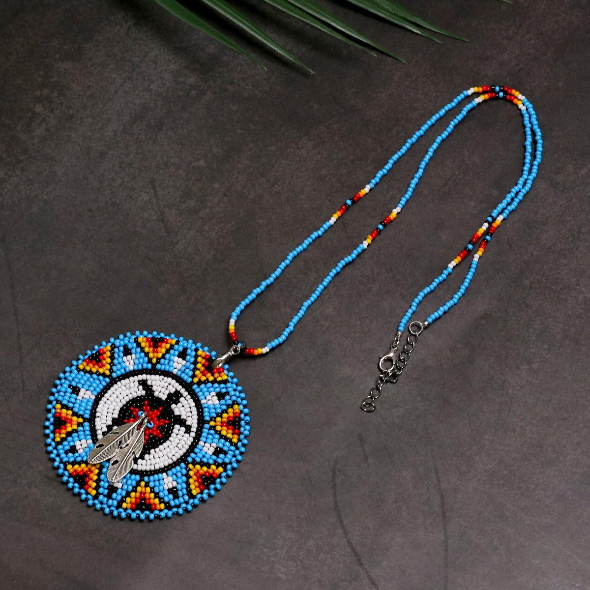 Blue Turtle Feather Handmade Beaded Wire Necklace Pendant Unisex With Native American Style