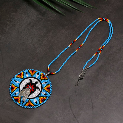 Blue Turtle Feather Handmade Beaded Wire Necklace Pendant Unisex With Native American Style