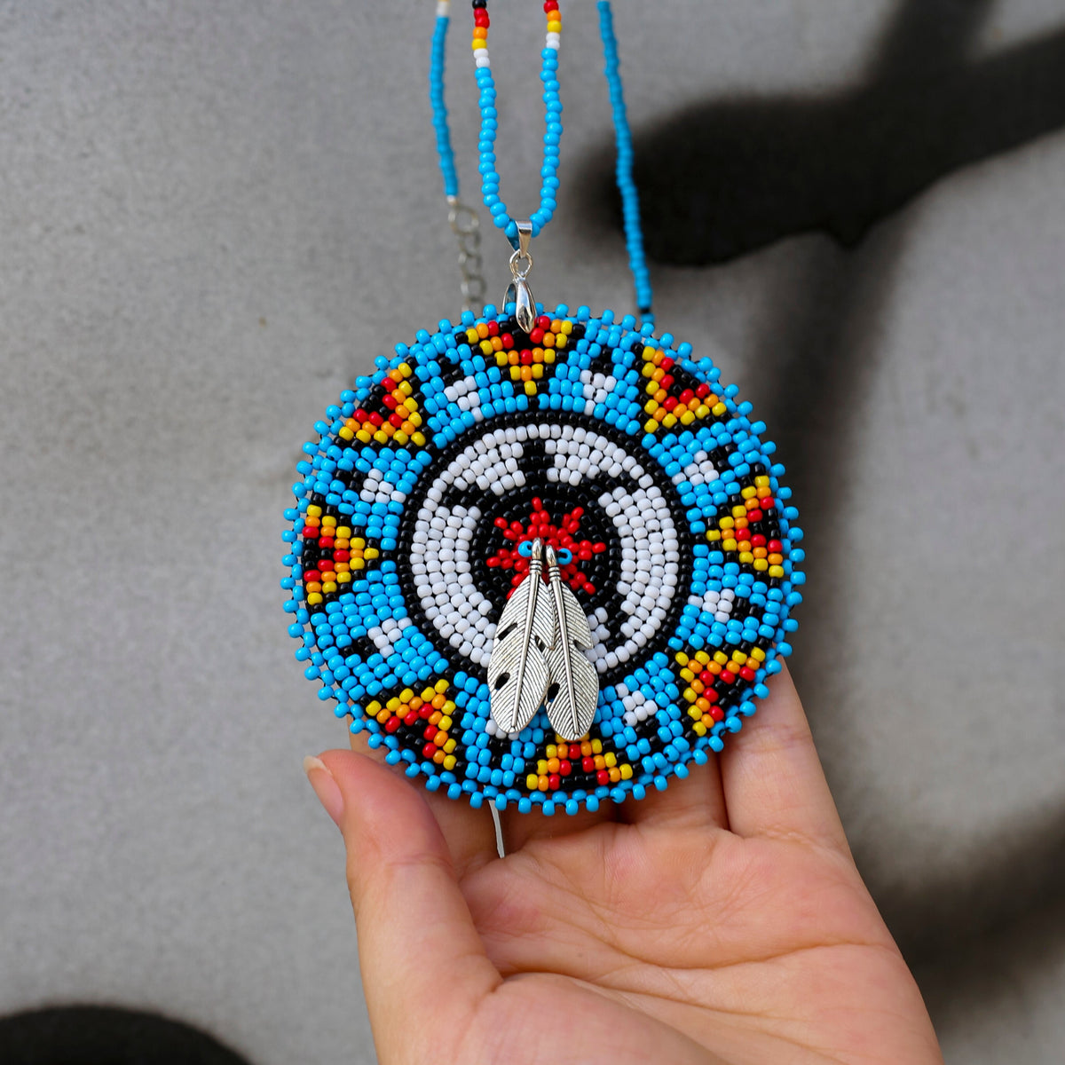 Blue Turtle Feather Handmade Beaded Wire Necklace Pendant Unisex With Native American Style