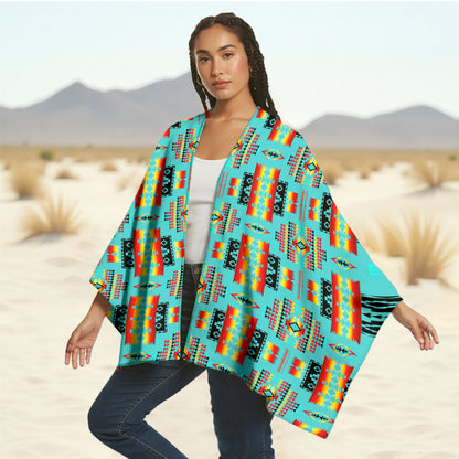 Cozy Tribal Poncho – Bold Geometric Blanket Design in Turquoise & Flame Hues