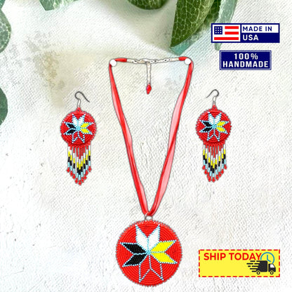 Handmade Beaded Red Medallion 4 Directions Necklace Earrings Set