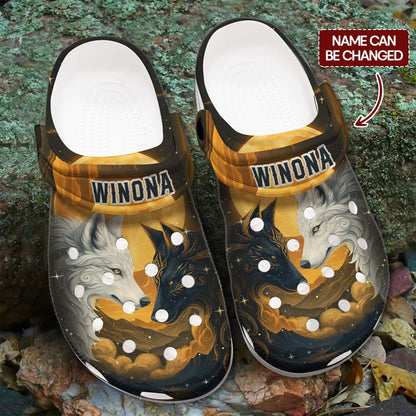 Custom Name Wolf Spirit Clogs – Fire & Ice Duality | Meaningful Gift for Family