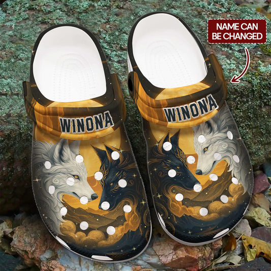 Custom Name Wolf Spirit Clogs – Fire & Ice Duality | Meaningful Gift for Family