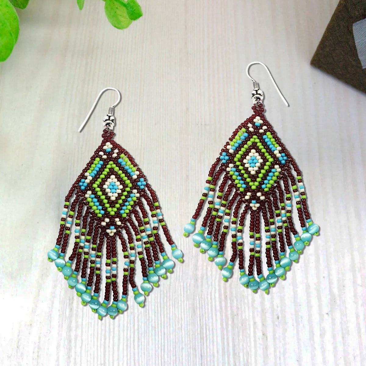 Brown Seed Bead  Pattern Beaded Handmade Earrings For Women