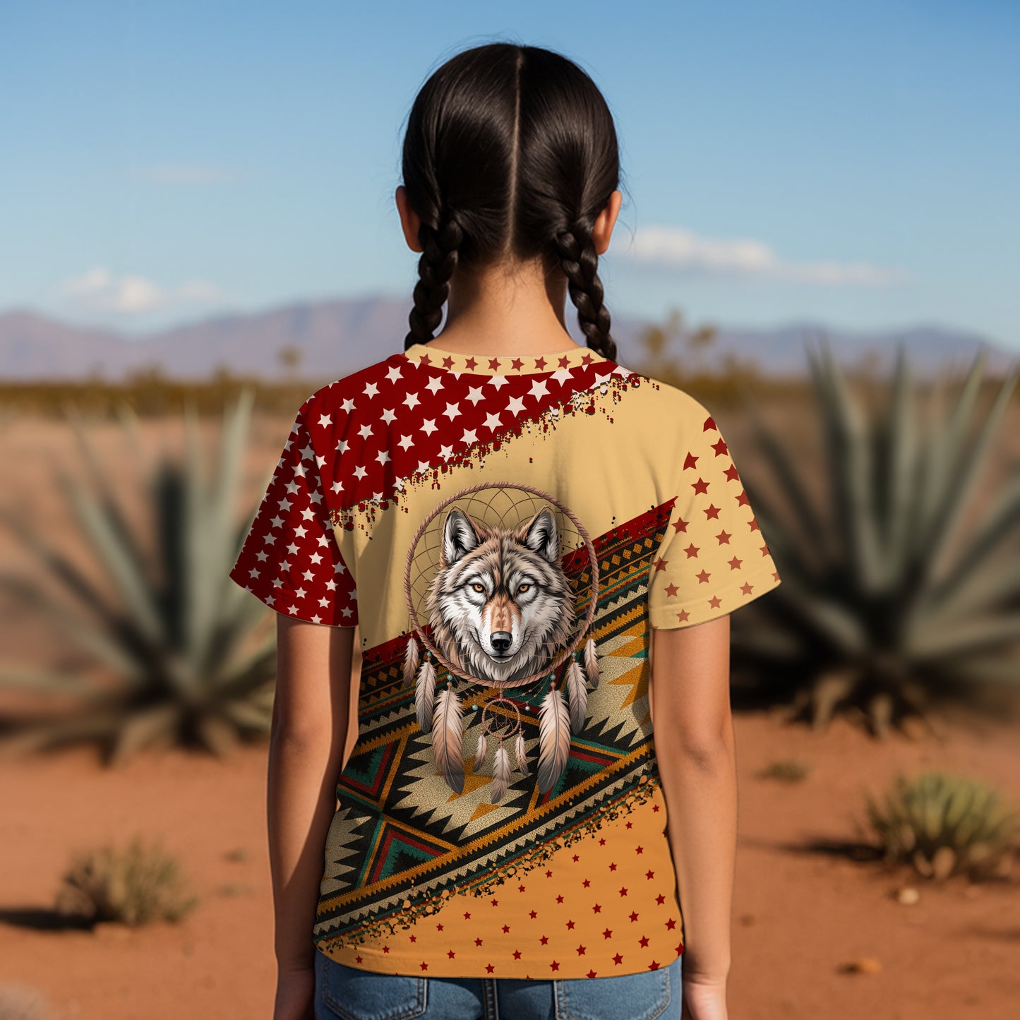 3D T-Shirt " Wild Spirit – Wolf and Dreamcatcher Design in Beige and Deep Red Tribal Pattern"