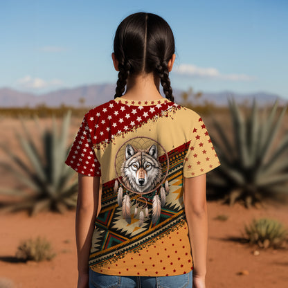 3D T-Shirt " Wild Spirit – Wolf and Dreamcatcher Design in Beige and Deep Red Tribal Pattern"