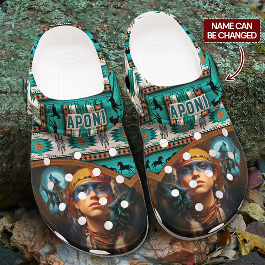 Custom Name Boho Clogs – Beautiful Native Girl, Wolf Symbol & Meaningful Gift for Family