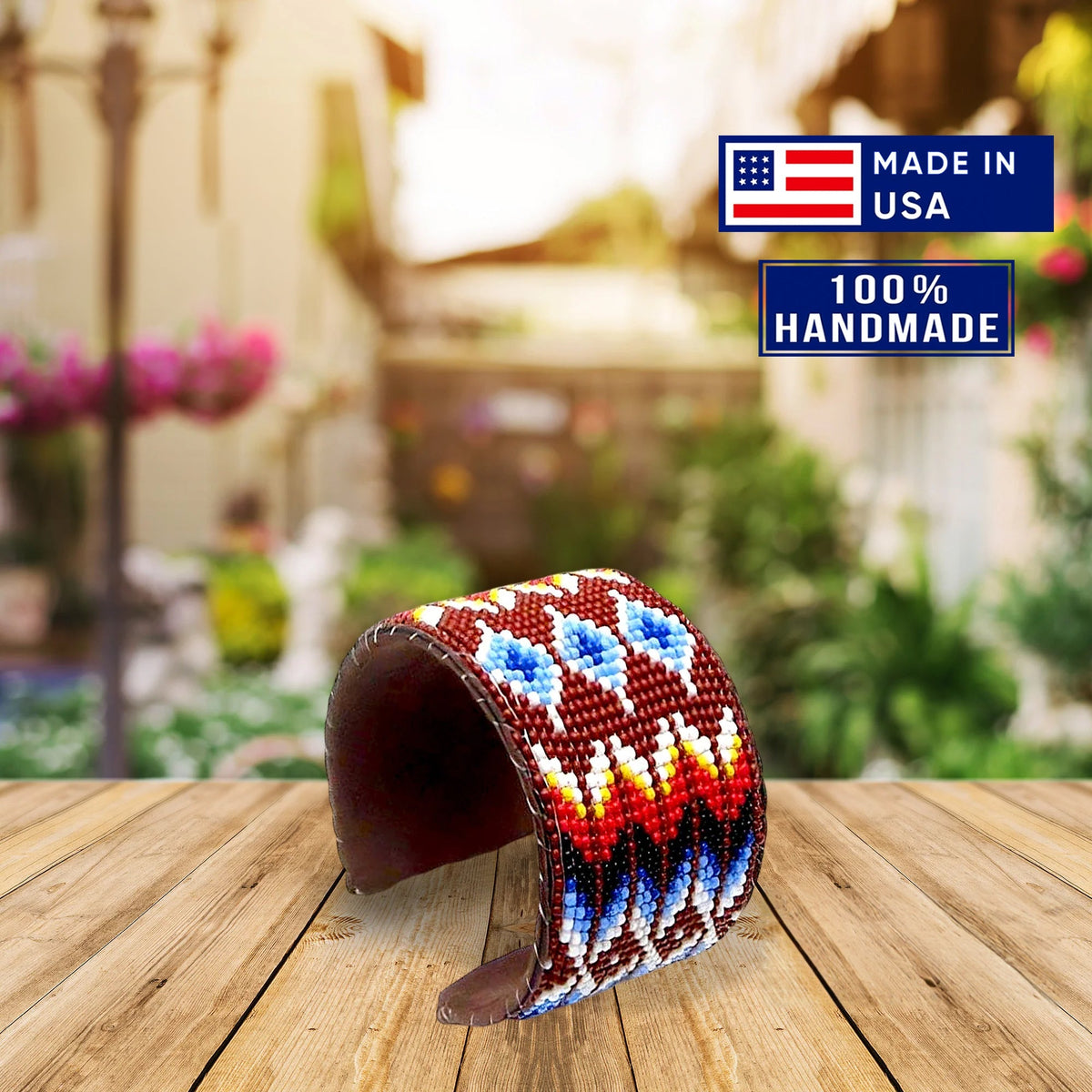 Brown Hard Cuff Leather Beaded Handmade Bracelet