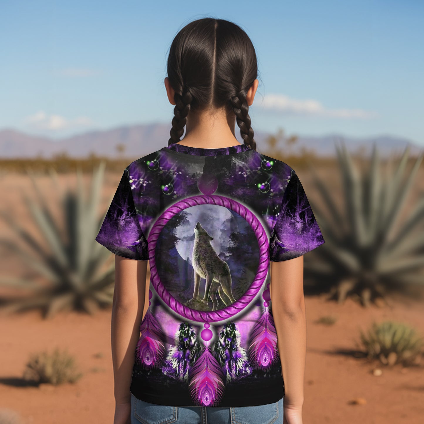 3D T-Shirt " Wolf Dreamcatcher – Purple Tribal Moon Howl Design"