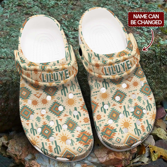 Custom Name Desert Cactus Spirit Clogs – Tribal Geometry & Boho Sun Design