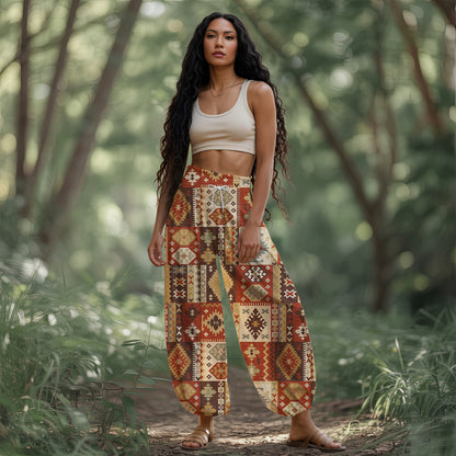 Boho Harem Pants – Beige with Tribal Aztec Print 01
