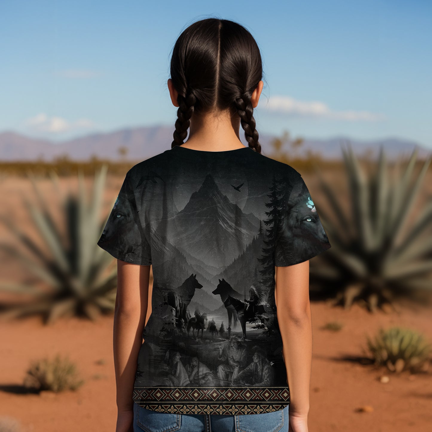 3D T-Shirt - "Tribal Wolf Guardian  – 3D Native Spirit Artwork, Blue Eyes Wolf Totem"