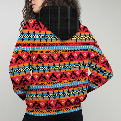 Tribal Feather Hoodie – Bold Red & Geometric Patterns