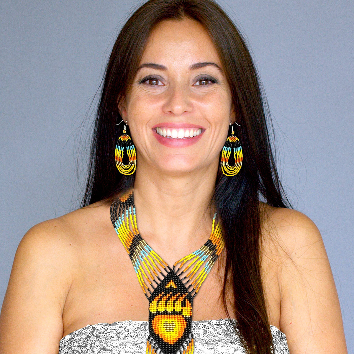 Orange Black Fire Seed Beaded Necklace Earrings  Bear Paw Beadwork