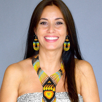Orange Black Fire Seed Beaded Necklace Earrings  Bear Paw Beadwork