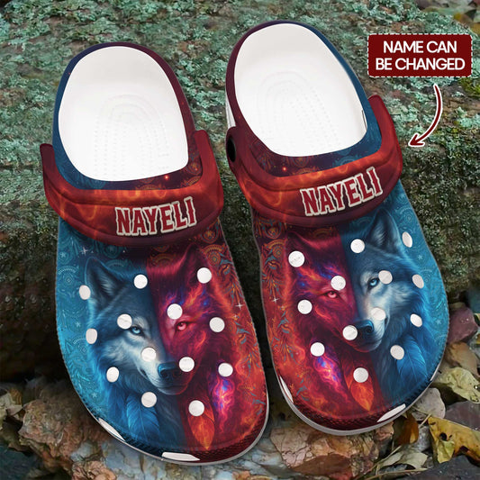 Custom Name Wolf Spirit Clogs – Fire & Ice Contrast | Tribal Design & Gift for Family