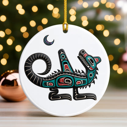 Native American Orca Spirit Christmas Ornament – Indigenous Tribal Art Ceramic Hanging Decoration