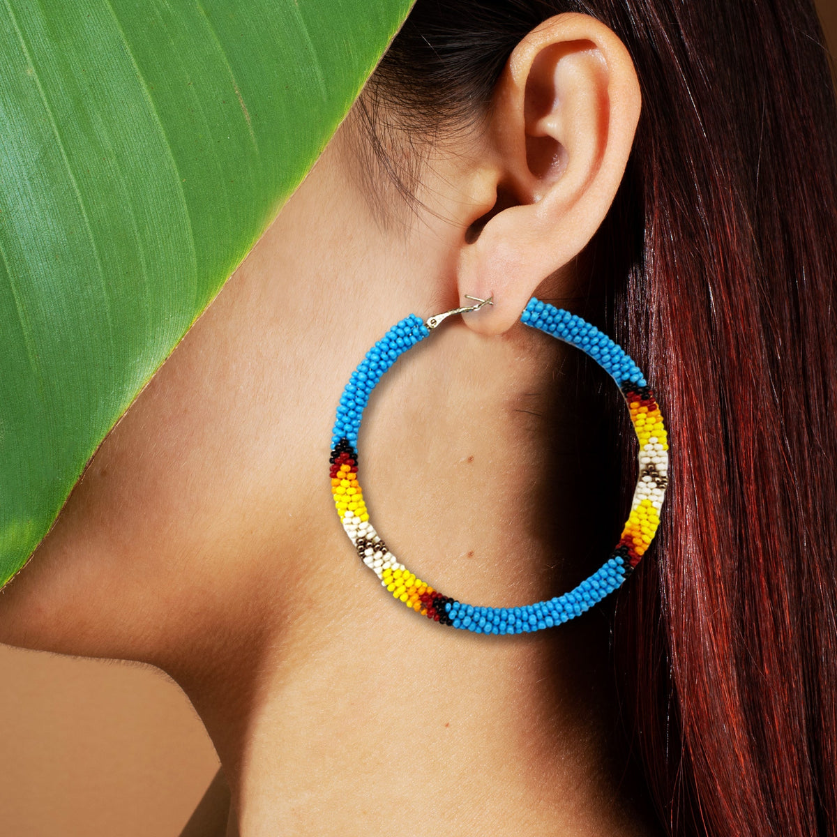 Handmade Cyan Blue 3-Inch Hoop Beaded Earrings for Women