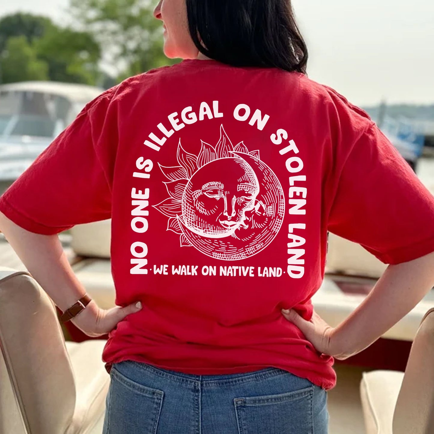 NO ONE IS ILLEGAL ON STOLEN LAND. WE WALK ON NATIVE LAND 18 - Two sides - Unisex T-Shirt/T-Shirt V-Neck/Hoodie/Sweatshirt