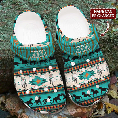 Custom Name Native Horse Pattern Clogs – Dreamcatcher & Tribal Design, Family Gift