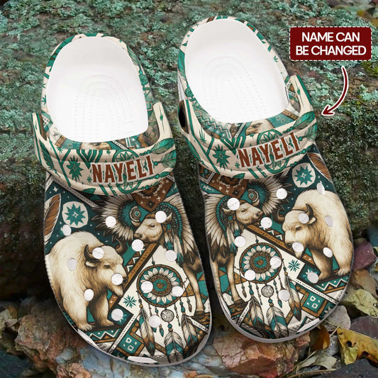 Custom Name Native Buffalo Spirit Clogs – Dreamcatcher & Tribal Feathers Design
