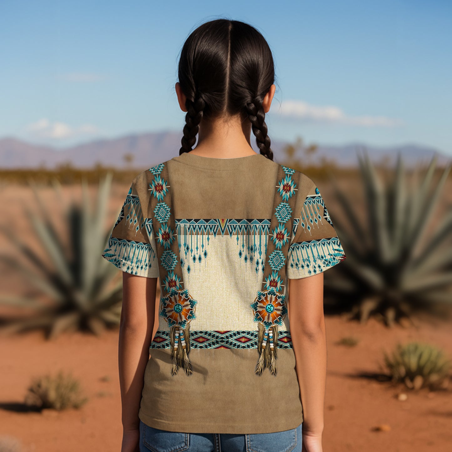 3D T-Shirt " Tribal Beaded Headdress – Turquoise & Feather Pattern"