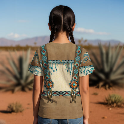 3D T-Shirt " Tribal Beaded Headdress – Turquoise & Feather Pattern"