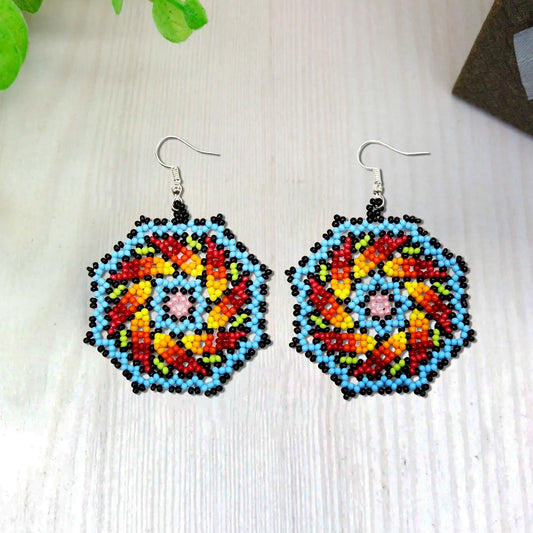 Octagon Blue Multi-Color Bohemian Beaded Handmade Earrings For Women